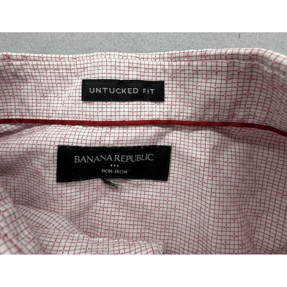 Banana Republic Mens M Untucked Slim Fit Non Iron Pink Gingham Shirt 424357-30